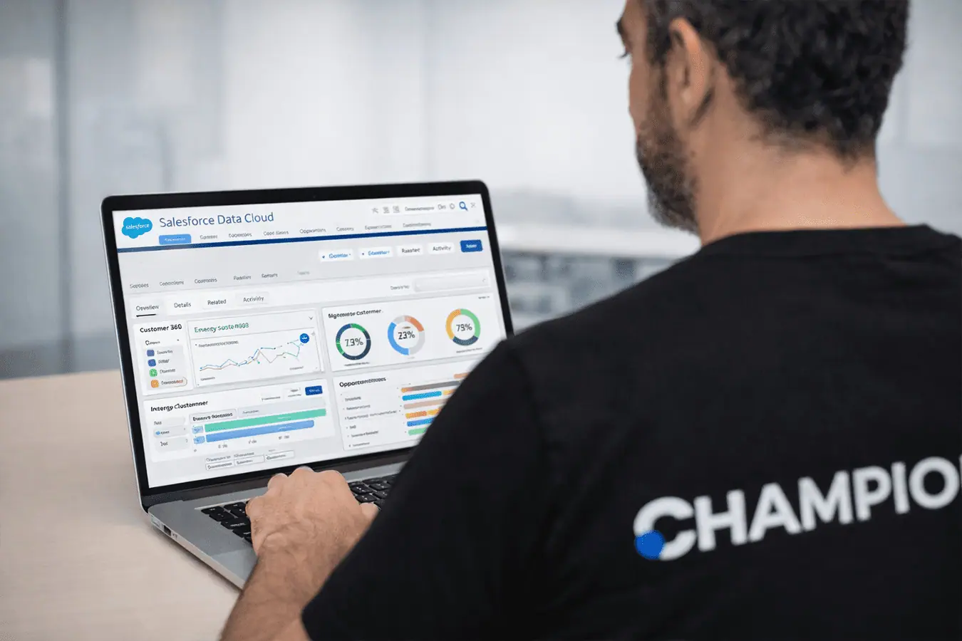 Profesional trabajando con soluciones de IA en Utilities con Salesforce y Data Cloud para gestión de datos energéticos y analítica avanzada.