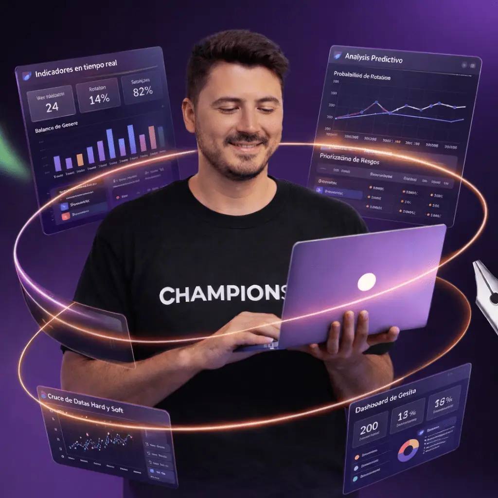Especialista en recursos humanos analizando dashboards de analítica predictiva e inteligencia artificial aplicadas a sistemas de gestión de talento