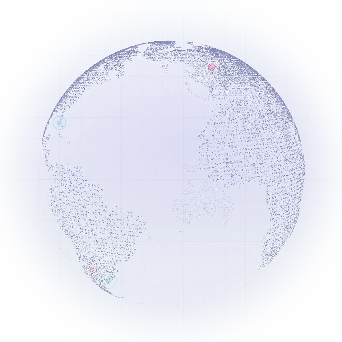 A dotted globe with the Championsys offices in Córdoba, Montevideo, Miami and Warwick