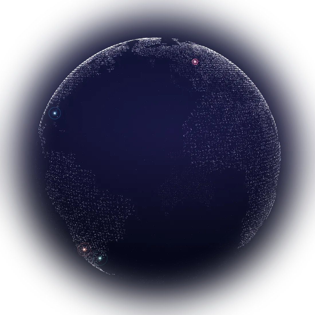 A dotted globe with the Championsys offices in Córdoba, Montevideo, Miami and Warwick