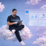 Ejecutivo de tecnología analizando un dashboard de datos en la nube, representando la infraestructura de IA empresarial que demandan los CIOs según Salesforce.