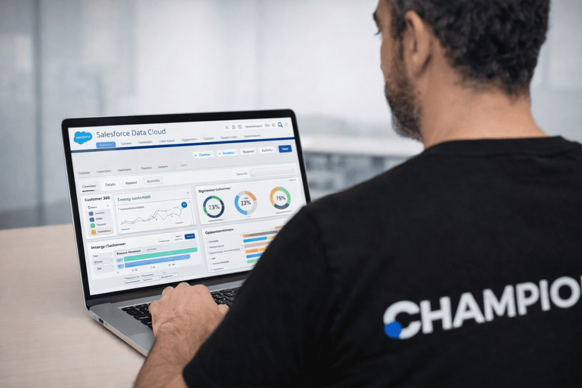 Profesional trabajando con soluciones de IA en Utilities con Salesforce y Data Cloud para gestión de datos energéticos y analítica avanzada.